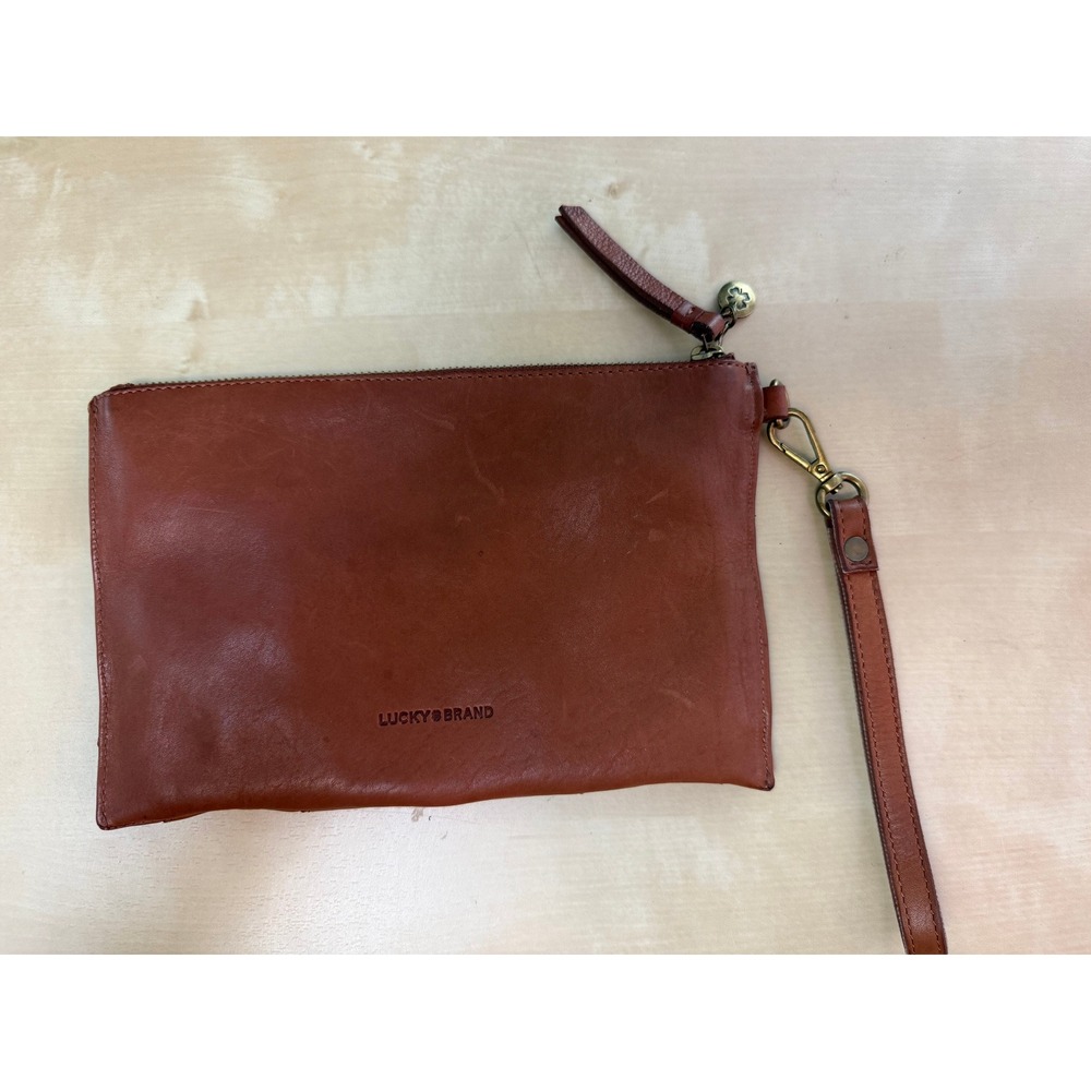Lucky Brand Cognac Brown Leather Chevron Stitch Wristlet Clutch Bag - Picture 7 of 10